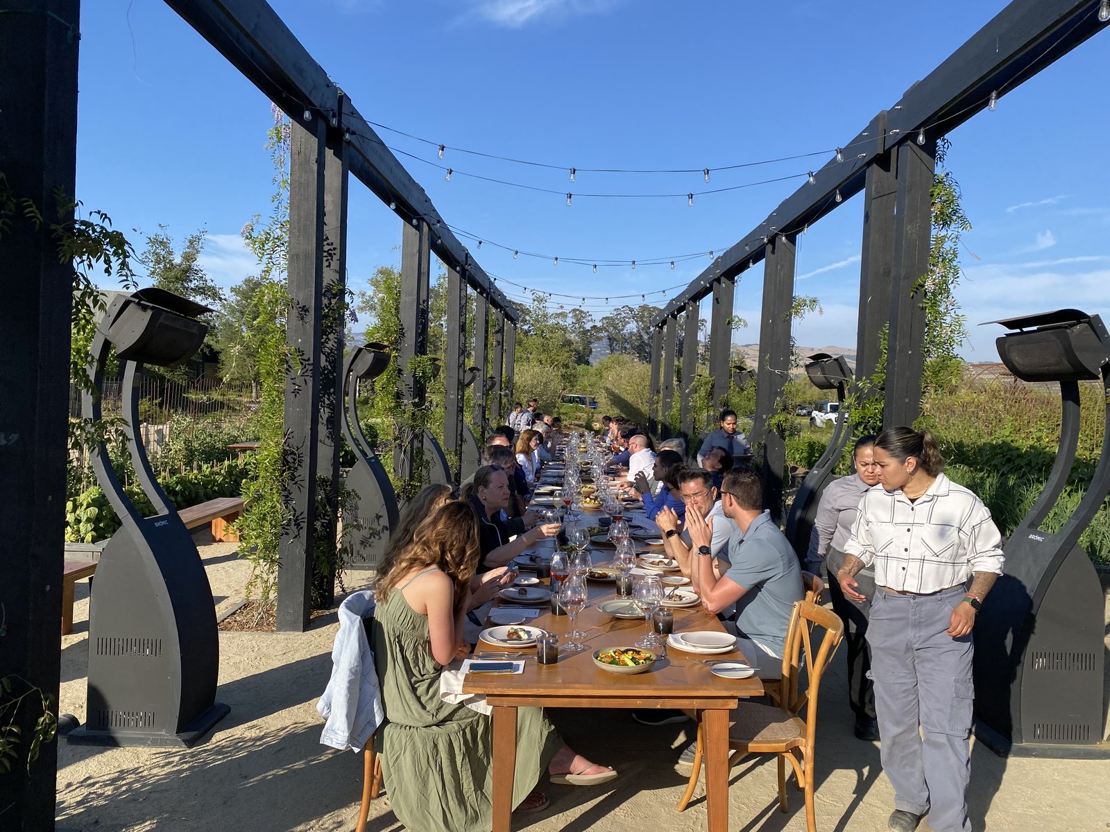 Founders at a long communal dinner under the string-lit pergola