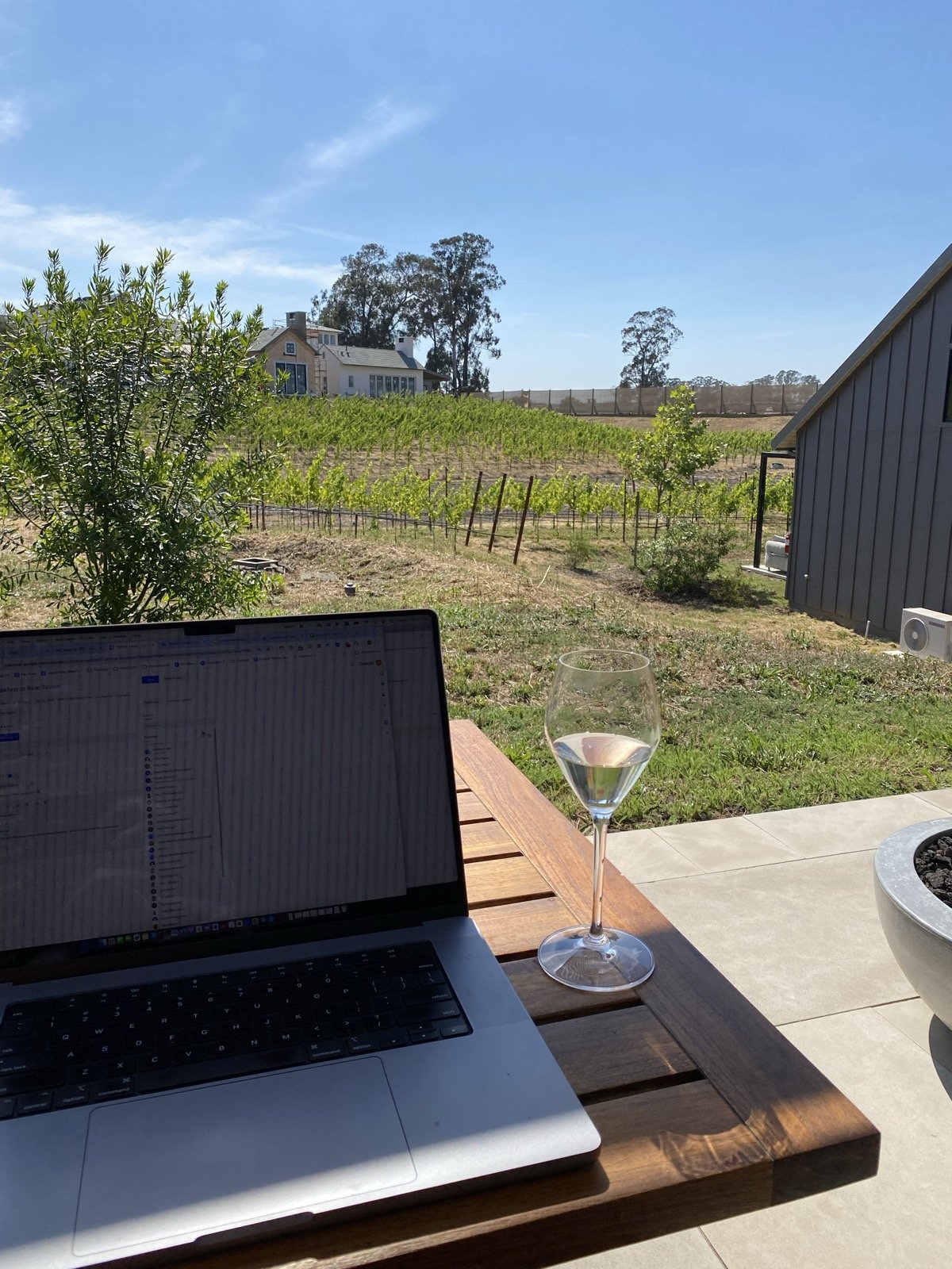 A laptop and glass of wine on a table overlooking the vineyard