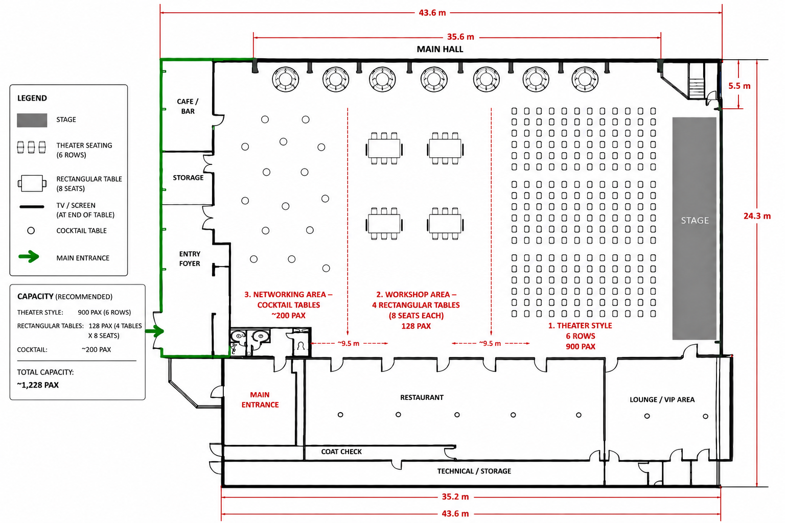 Floorplan of Stara Zajezdnia — theater seating facing the stage, workshop tables, and a networking area with cocktail tables, plus restaurant and VIP lounge